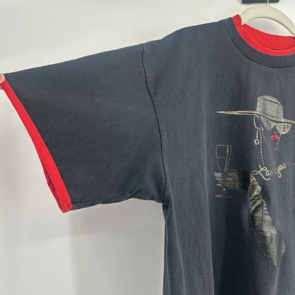 Vintage Las Vegas T-Shirt Sz XL Black Red Trim Single Stitch Paris Lady Made USA - Picture 5 of 14
